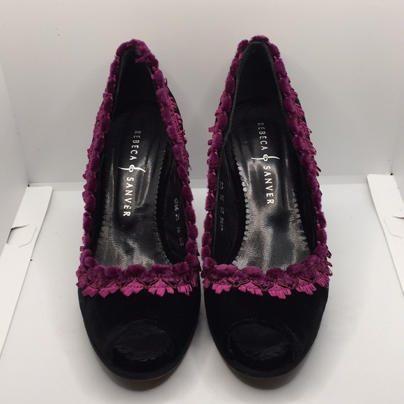 Rebeca Sanver Velvet Peep Toe Heels Black Purple Size 6 Formal - Picture 1 of 14